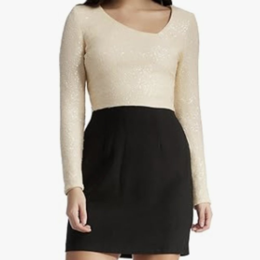 Dress The Population Cream sequin and black long-sleeve dress size XS